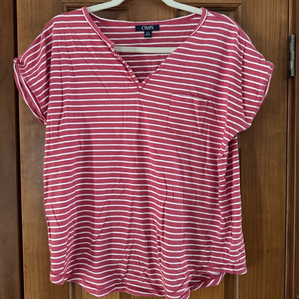 Chaps Shirt Womens Large Red White Striped V Neck Top Tee Casual Boat Nautical